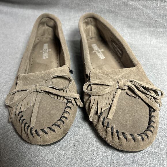 Minnetonka Shoes Womens 7 Moccasins Moc Toe Slip On Fringe Tassel Brown/slate - Picture 2 of 8